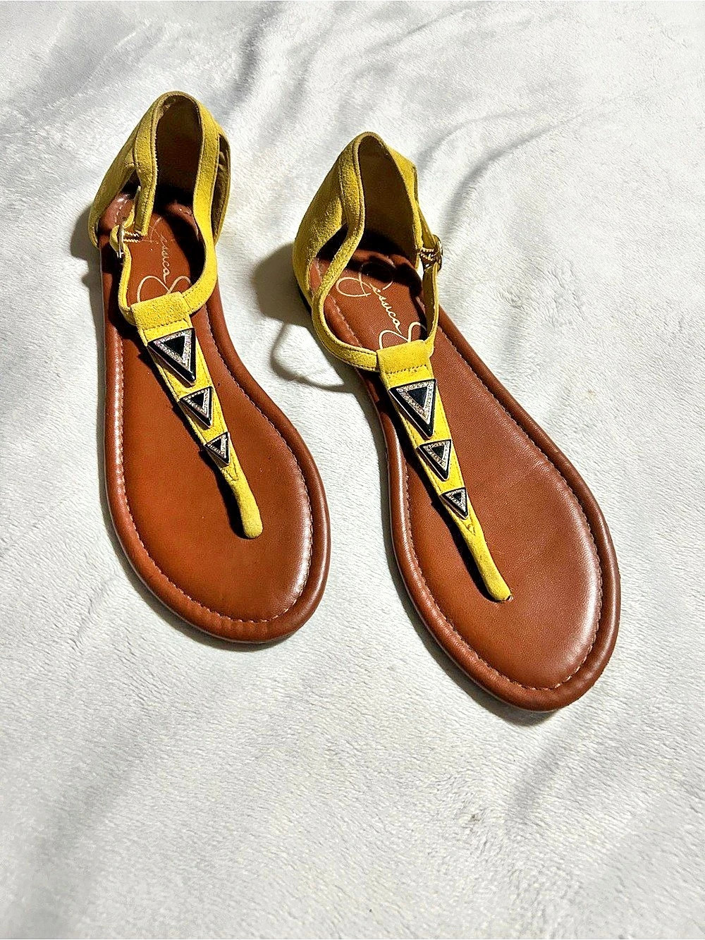 Jessica Simpson Oliara T-Strap Flat Sandal Strappy Embellished Sandals in Yellow